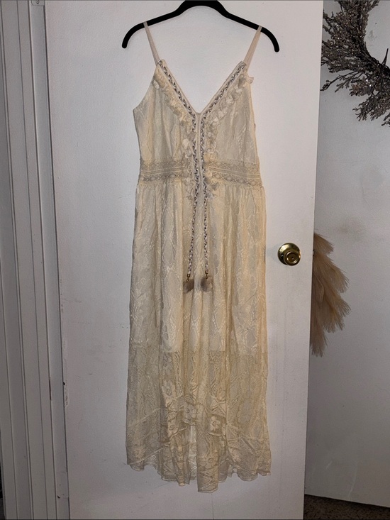 Unbranded Dresses & Skirts - Boho Cream Lace Maxi Dress with Tassel Tie